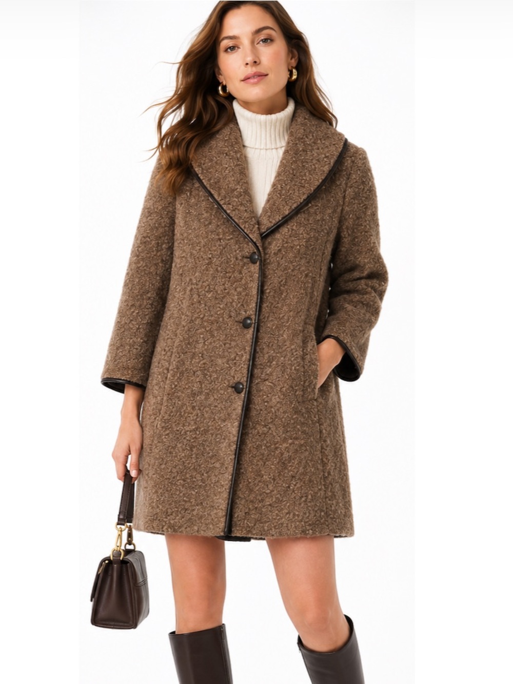 Doncaster Collection Wool Mohair Bouclé Leather Trim Shawl Collar Coat M/L